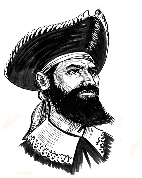 Pirate captain character. Ink black and white drawing - Photo, Image