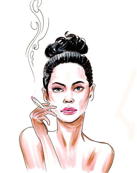 Hübsche brünette Frau, die Marihuana raucht. Tusche- und Aquarellillustration - Foto, Bild