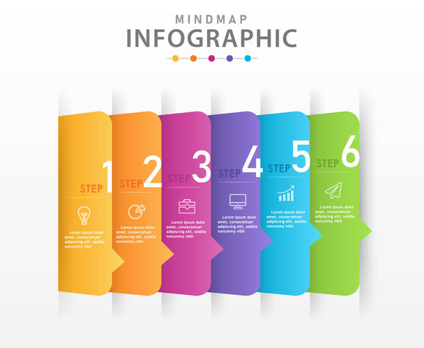 Infografikus üzleti sablon. 6 lépés Modern Mindmap diagram dobozokkal, prezentációs vektor infografika. - Vektor, kép