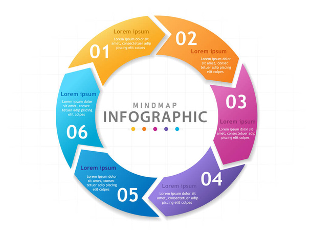 Modèle d'infographie pour les entreprises. Schéma Mindmap moderne en 6 étapes avec cercle, infographie vectorielle de présentation
. - Vecteur, image