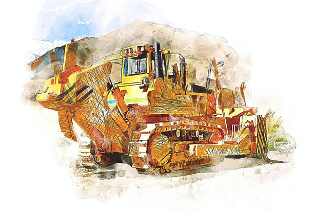 Bulldozer Illustration Farbe Kunst Grunge Zeichnung vintage - Foto, Bild