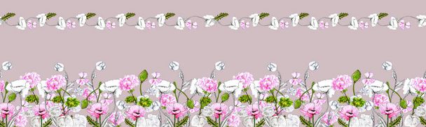 Horizontal seamless border pattern with wildflowers of poppy and geranium - Valokuva, kuva