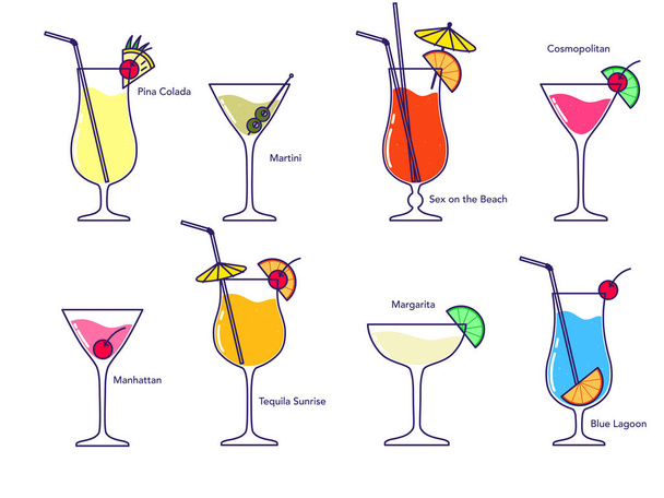 Alcoholic cocktail collection - blue lagoon, manhattan, martini, tequila sunrise, pina colada, margarita, sex on the beach, cosmopolitan isolated on white background. Vector illustration - Vector, Image