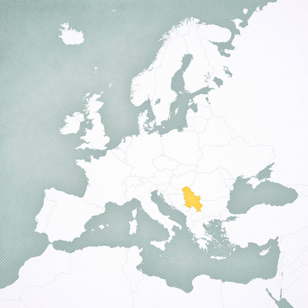 Serbia na mapie Europy z delikatnie paski vintage tle.  - Zdjęcie, obraz