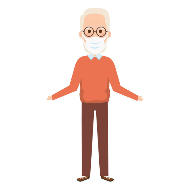 alter Mann mit Gesichtsmaske mit Brille isoliert Symbol - Vektor, Bild