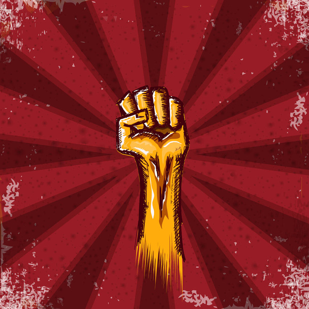 Pomarańczowa pięść protestacyjna Vectro izolowana na czerwonym tle grunge z promieniami. 1 może dzień pracy ilustracja koncepcja z ręcznie rysowane doodle podniósł pięść w powietrzu. Szablon projektu banera graficznego Mayday - Wektor, obraz