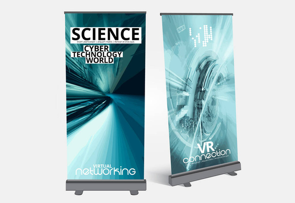 Roll-up banner design, αφηρημένη έννοια της τεχνολογίας με 3D απόδοση φόντου - Διάνυσμα, εικόνα