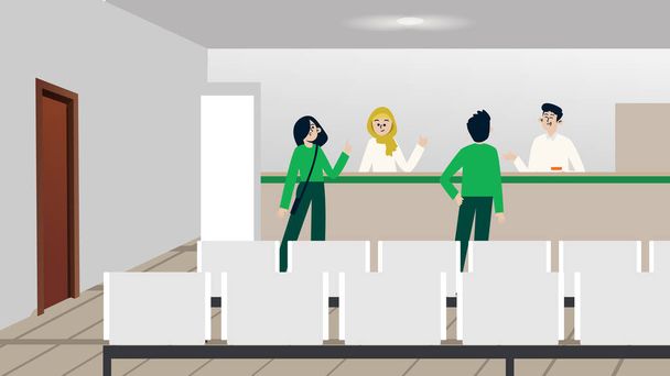 Pair of tourists standing at reception desk and talking to receptionist. Scene with guests in hotel lobby. Colored vector illustration flat cartoon style. - Vector, Image
