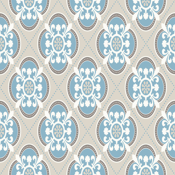 Moderne geometrische Muster, inspiriert von Vintage-Tapeten. Schöne Retro-Farben - grau beige, ruhig blau. Nahtloses Vektormuster. Perfekt für Stoffdesign, Packpapier, Tapeten, Webhintergründe usw. - Vektor, Bild