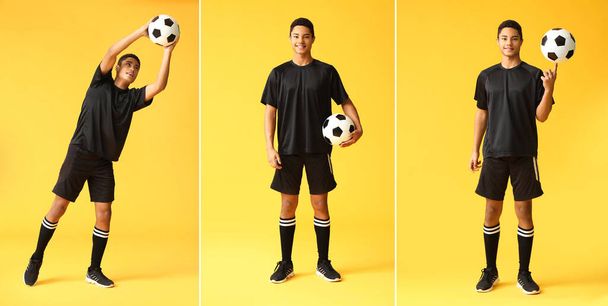 Collage con un joven jugador de fútbol afroamericano sobre fondo de color
 - Foto, Imagen