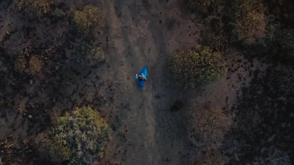 Draufsicht einer Frau in einem schönen blauen Kleid, die durch das Naturschutzgebiet spaziert. Teneriffa, Kanarische Inseln, Spanien - Filmmaterial, Video