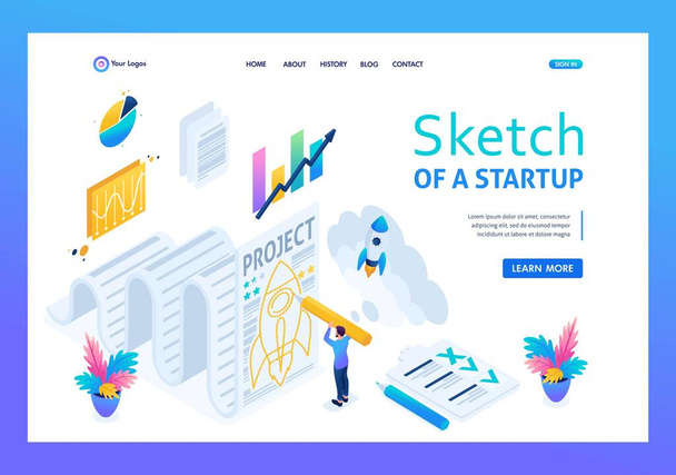 Isometrische Skizze eines Start-ups, Projekt auf Papier, Projektentwicklung und Design. Landing Page Konzepte und Webdesign - Vektor, Bild
