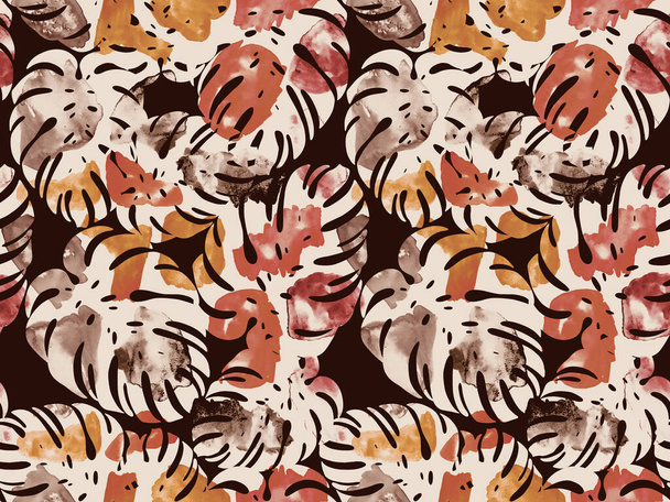 handgetekend naadloos kleurrijk helder patroon met tropische bladeren en vlekken  - Foto, afbeelding