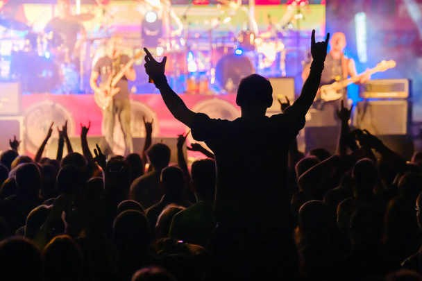 Aficionados en concierto de música rock en vivo animando - Foto, Imagen