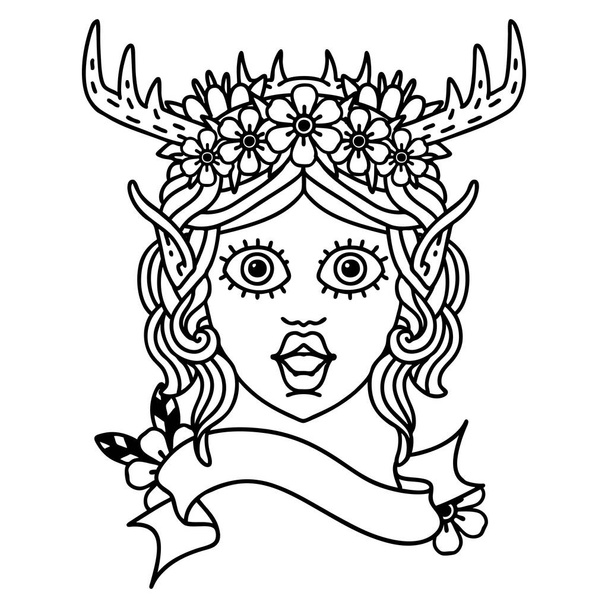 Black and White Tattoo linework Style elf druid character face - Vector, Image