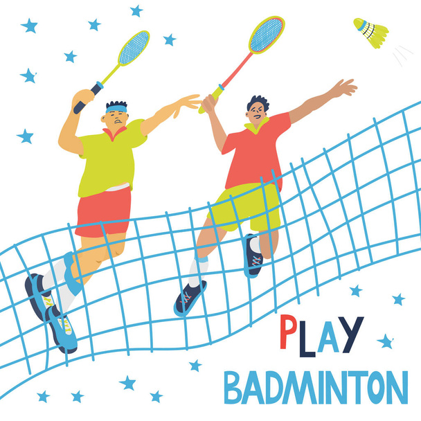 Doppel Badminton-Spiel. Männer springen und schwingen ihre Schläger, um einen Federball zu schlagen. Tolles Sportplakat mit Netz. Vektorillustration und Schriftzug isoliert auf Weiß. Blaue, gelbe, rote Farben. - Vektor, Bild