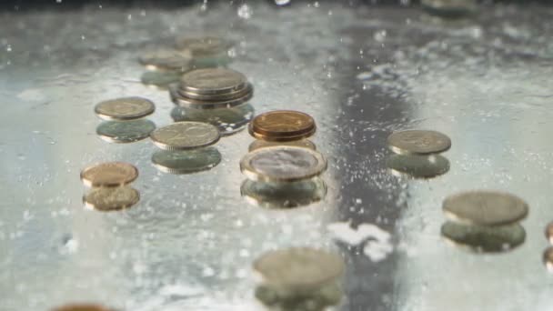 Монеты падают в воду и ударяются о дно, создавая пузыри
 - Кадры, видео