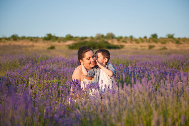 happy smiling family caucasian beautiful mother and small boy kissing her in summer blooming lavender flower field - Foto, afbeelding