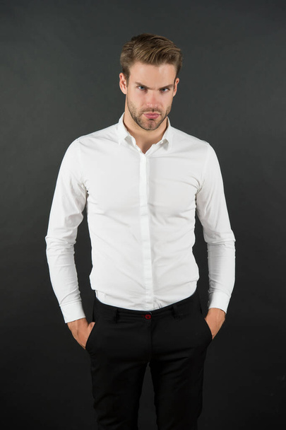 Formal fashion. Professional occupation. Financial consultant. White collar worker. Menswear formal style. Handsome office worker. Clerical and middle chain management. Man well groomed formal shirt - Zdjęcie, obraz