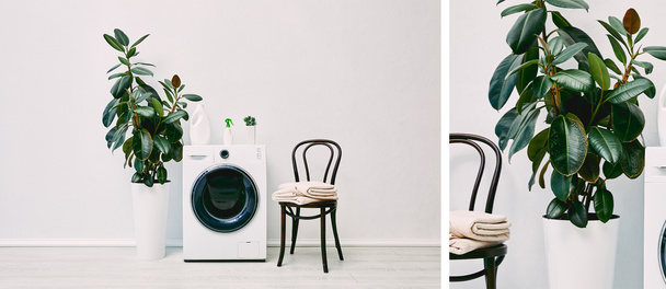 koláž moderní koupelny s rostlinami, čistícími láhvemi, ručníky a židlemi v blízkosti pračky - Fotografie, Obrázek