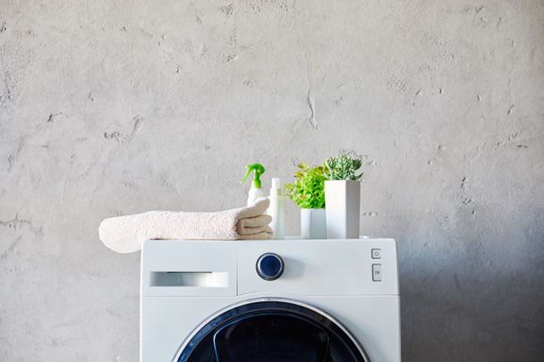 plants, towel and bottles on washing machine in bathroom  - Фото, изображение