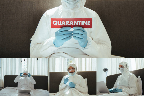 collage of freelancer in personal protective equipment holding cup and paper with quarantine lettering near laptops in bedroom  - Photo, Image