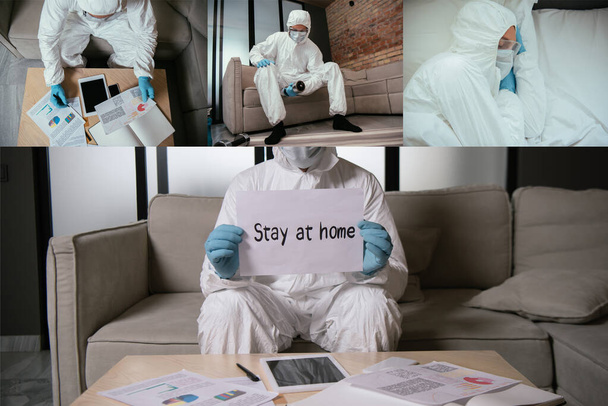 Collage eines Mannes in persönlicher Schutzausrüstung, der Papier mit dem Schriftzug "zu Hause bleiben" in der Nähe eines digitalen Tablets mit leerem Bildschirm hält, im Bett arbeitet und schläft  - Foto, Bild