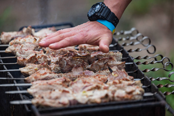 Un uomo controlla con la mano il potere del calore, sopra un kebab, in natura
 - Foto, immagini