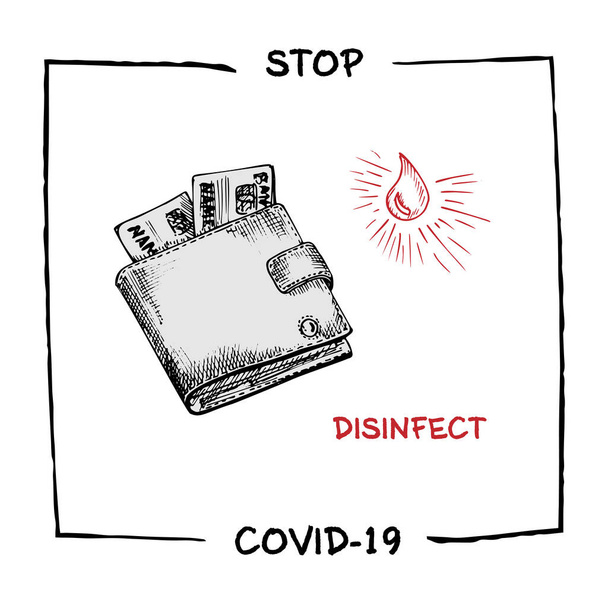 Koncepcja projektu Informacja medyczna, społeczna, ekonomiczna i finansowa plakat agitacyjny przeciwko epidemii koronawirusów z tekstem Stop Covid-19 Desinfect Sketch style Vector Illustrations - Wektor, obraz