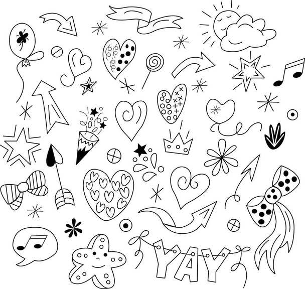 Set of arrows, hearts, bows, small elements in vector graphics in vector graphics on a white background. For the design of diaries, notebooks, postcards, covers, wrapping paper - Vector, Image