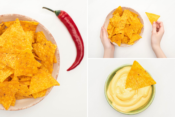collage of corn nachos with chili peppers, cheese sauce and female hands on white background - Photo, Image