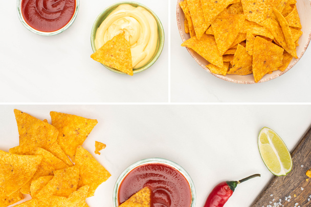 top view of corn nachos with lime, chili, ketchup on white background - Foto, Imagem
