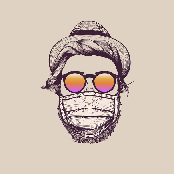 Elegante hipster usando máscara facial de proteção contra coronavírus. ilustração vetor vintage desenhado à mão
 - Vetor, Imagem