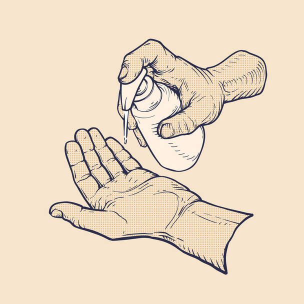 washing hands with hand sanitizer, vintage vector illustration - Vector, Image
