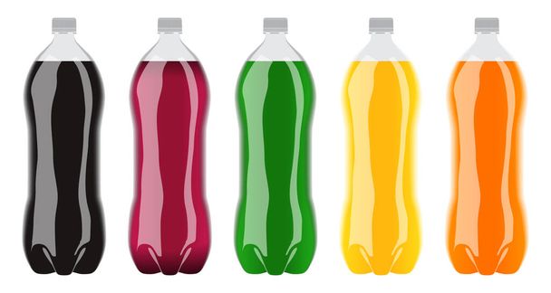 A collection of various flavors of soda in plastic two liter bottles on an isolated white studio background - Vector, Image