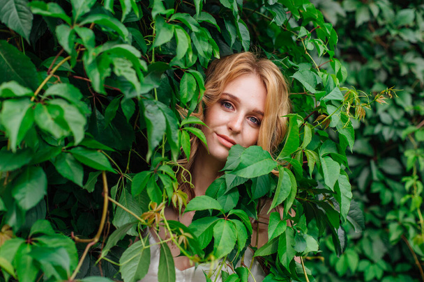 Portrait of a young beautiful woman with make up and curly blond hair, hiding in wild grape leaves. Copy space. - Foto, Imagem