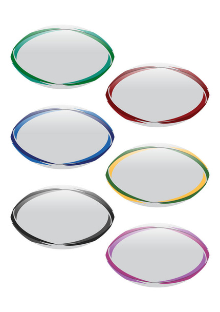 Een vector illustratie van de collectie van verschillende witte rugby ballen met een scala aan gekleurde design elementen gedrukt op een geïsoleerde witte achtergrond  - Vector, afbeelding