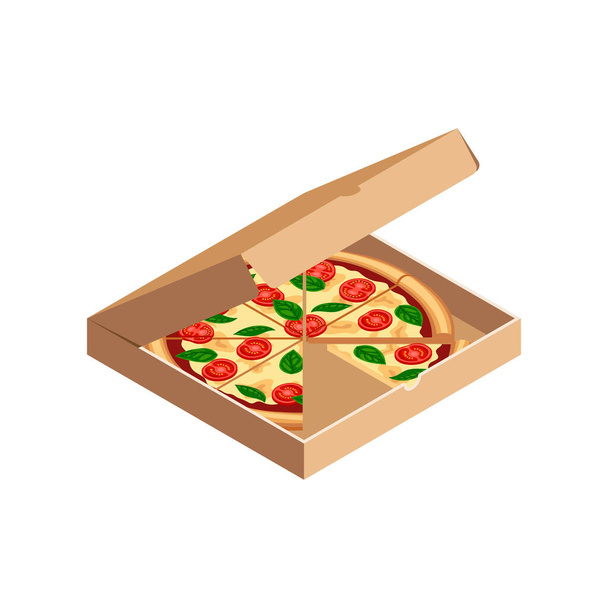 Sabrosas rebanadas de pizza con tomate, queso, albahaca isométrica en caja de cartón abierto aislado en blanco. Icono de comida rápida italiana tradicional plana. 3d vector de ilustración para la web, anuncio, menú, aplicación
 - Vector, imagen