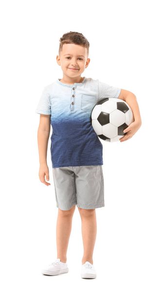 Cute little boy with soccer ball on white background - Fotoğraf, Görsel