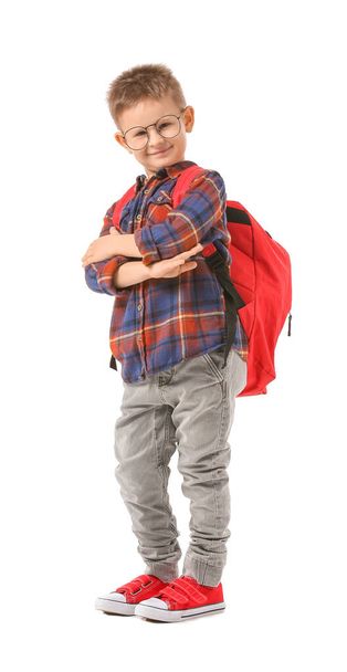 Cute little boy with backpack on white background - Φωτογραφία, εικόνα