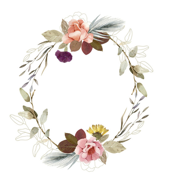 .Watercolor hand painted floral wreath - beautiful boho style. - Φωτογραφία, εικόνα
