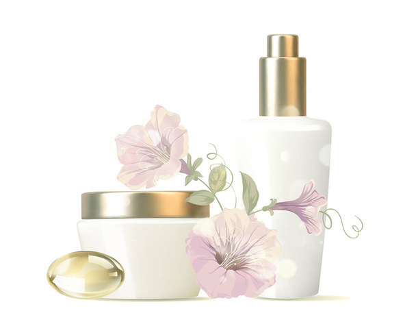 Women care cosmetic in beautiful bottles isolated over white background. Field herbs cream and oil. Moisturizer with Vitamins and Regenerate Cream contains herbal essence. - Vector, Image