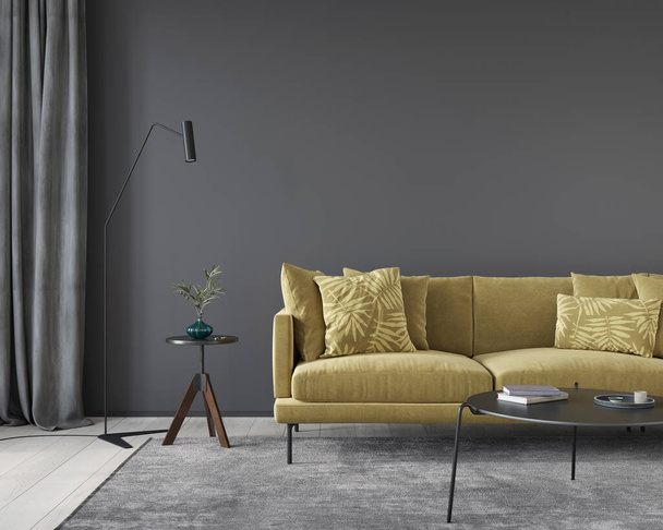 Σκούρο γκρι σαλόνι εσωτερικό με κίτρινο καναπέ, μεταλλικά τραπέζια και λάμπα δαπέδου / 3D εικονογράφηση, 3D καθιστούν - Φωτογραφία, εικόνα