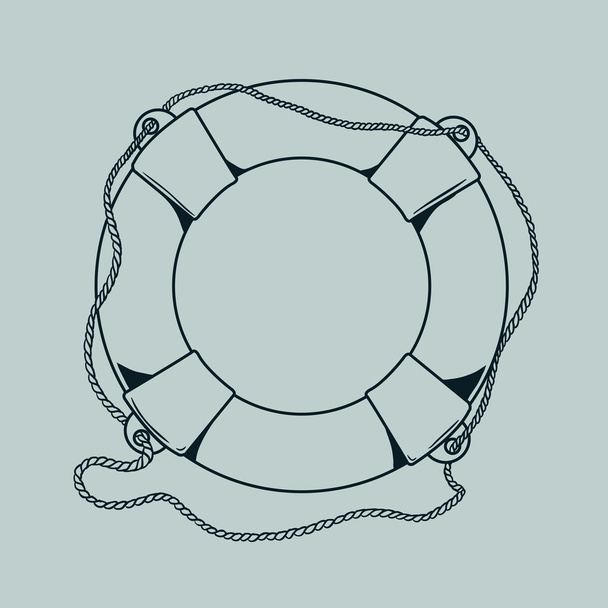 Detailed blue outlines nautical life buoy isolated on grey background. Ship element. Vector illustration. - Vector, Image