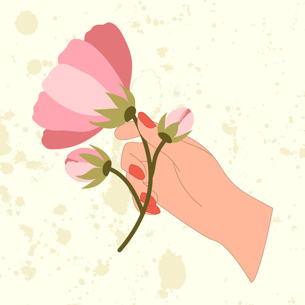 ピンクの花の枝を持つ手のレトロベクトルイラスト. - ベクター画像