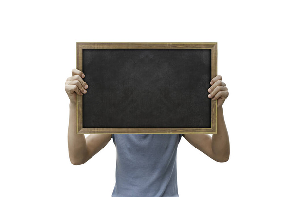 Man hand holding a small blackboard isolated on white background. with clipping path. - Fotoğraf, Görsel