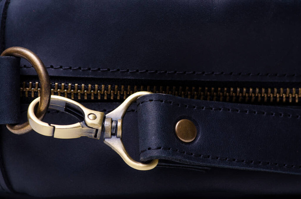 Black leather bag macro texture accessories zipper carbine - Fotoğraf, Görsel