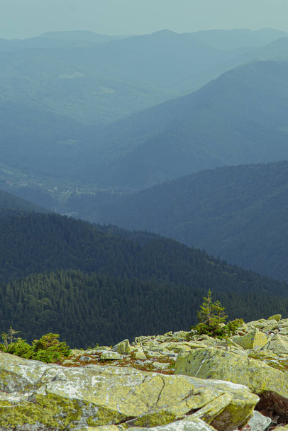 Extreme bergwandelingen. Enorme stenen begroeid met groene oomkachel tegen de achtergrond van hoge bergketens in de mist - Foto, afbeelding
