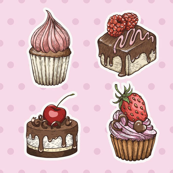 Hand drawn cakes, vintage colorful food sketches, isolated on white background. Vector illustration. - Vector, Image