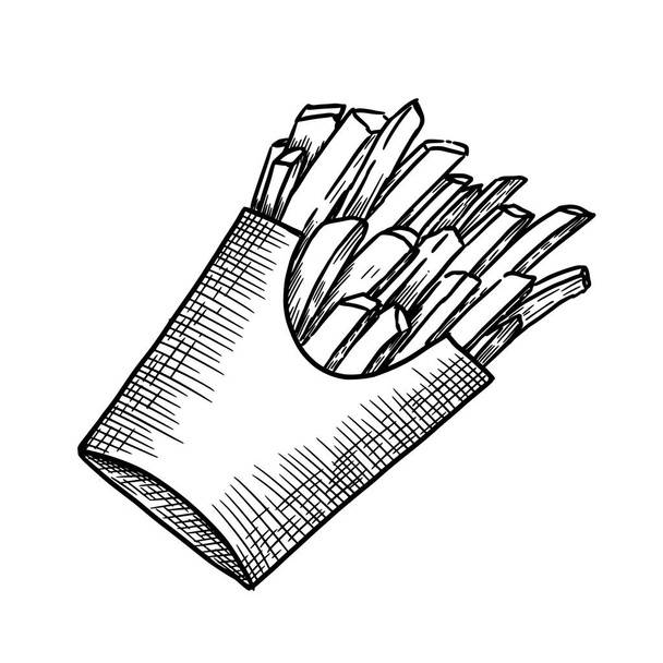 Gebakken chips in papieren zak met de hand getekend gegraveerde vector illustratie. - Vector, afbeelding